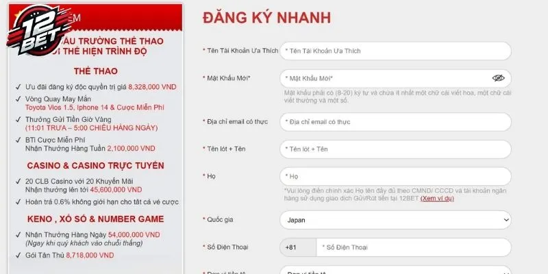 Đăng Ký 12BET - Quy Trình Thực Hiện Cho Tân Thủ 2025 2 Chia sẻ cách thức đăng ký tài khoản cá cược trên trang chủ